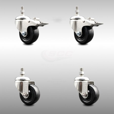Service Caster 3 Inch 316SS Hard Rubber Swivel 12mm Threaded Stem Caster Lock Brake, 2PK SCC-SS316TSTTL20S314-HRS-M1215-2-S2